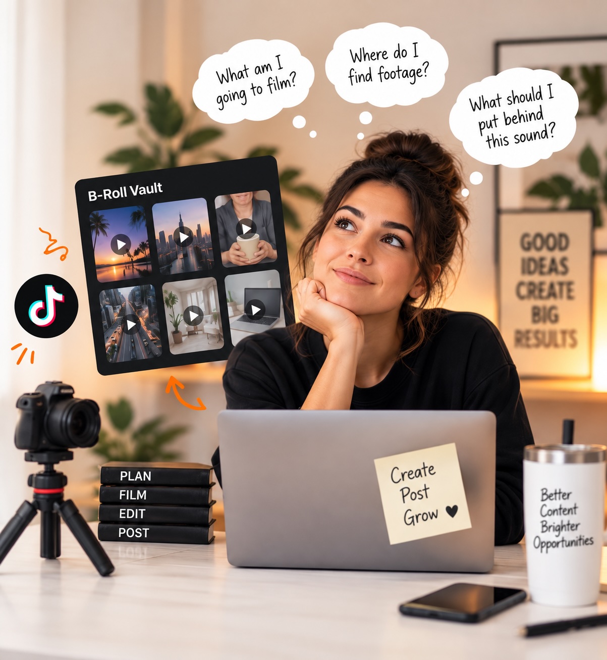 B-Roll Vault mockup showing how 36 ready-to-use clips plug into the 10-Minute TikTok system