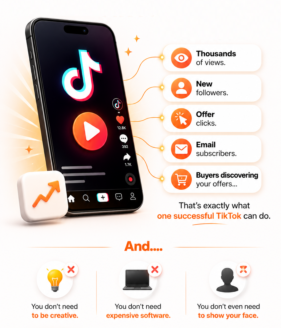One TikTok video generating thousands of views, new followers, offer clicks, email subscribers and buyers — no need to be creative, no expensive software, no showing your face