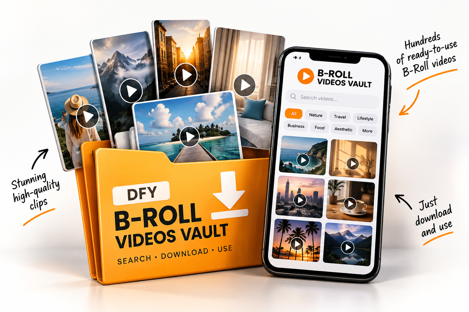DFY B-Roll Videos Vault mockup showing stunning high-quality ready-to-use clips