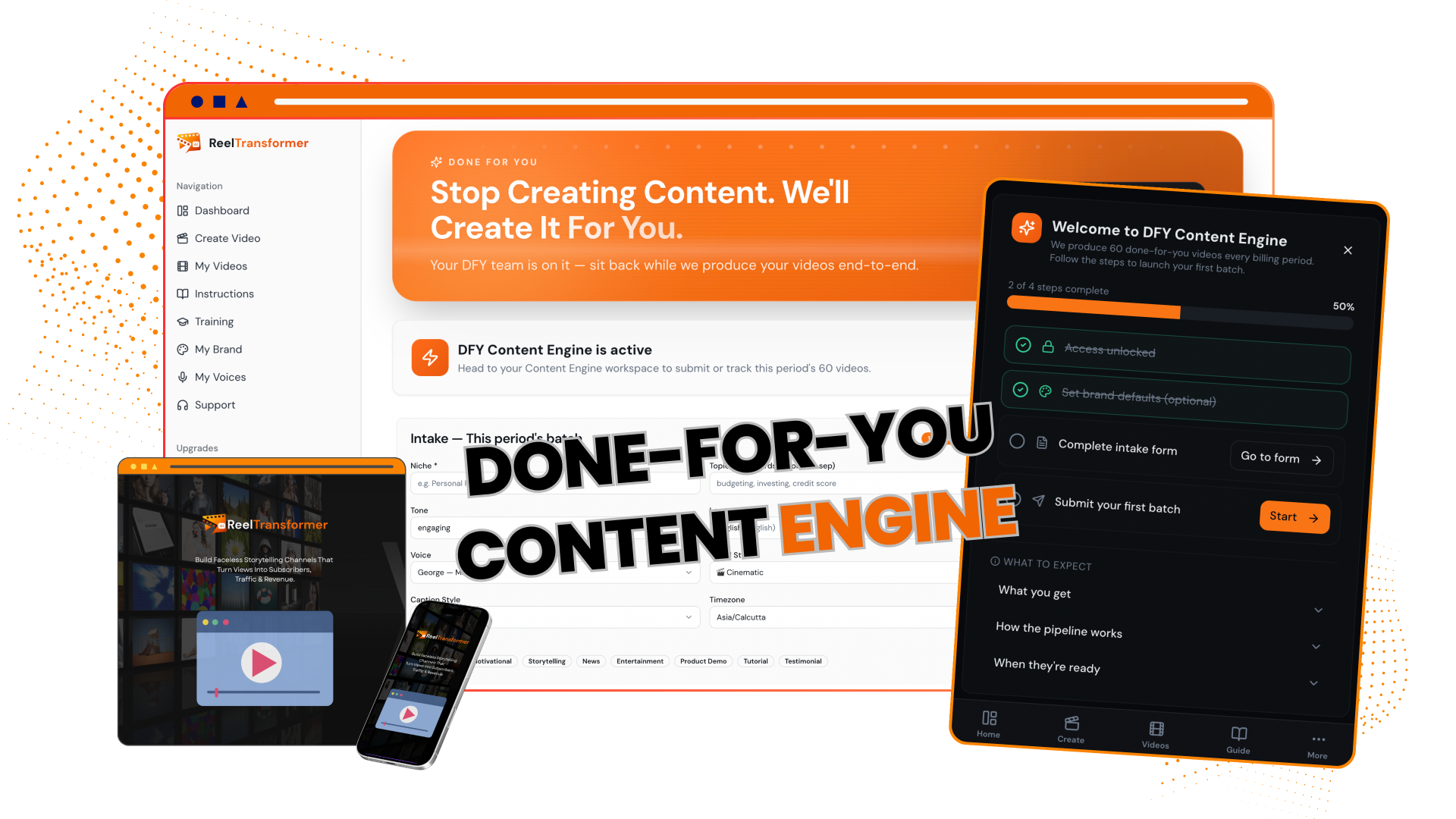Done-For-You Content Engine dashboard mockup